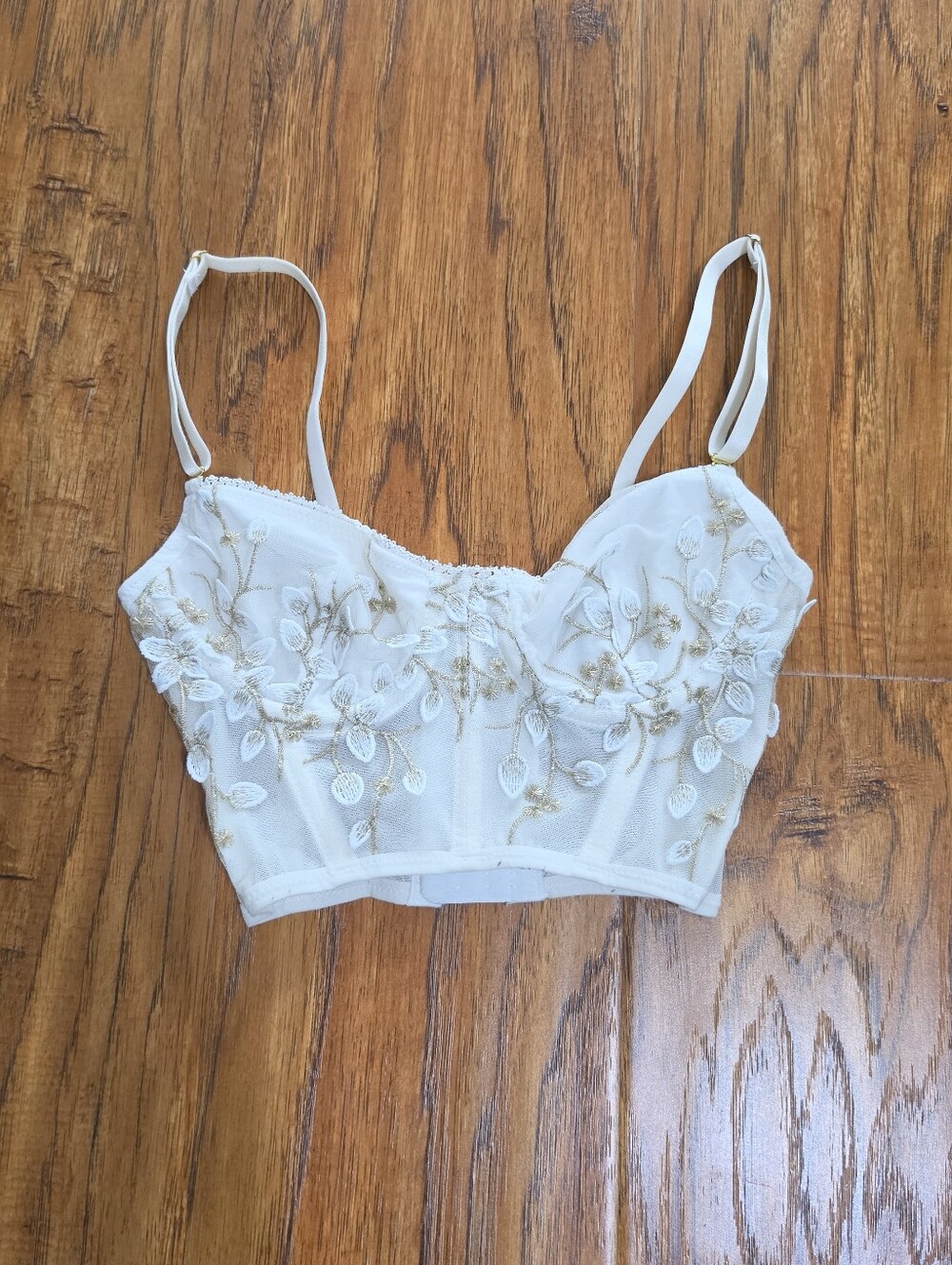 Lace-Embroidered Off White Mesh Floral Corset Camisole Bralette Cropped Tank S